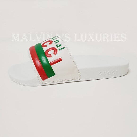 GUCCI SHOES MENS ORIGINAL WHITE LEATHER RUBBER SLIDE SANDAL w WEB sz 8G 8.5 US - Picture 6 of 15